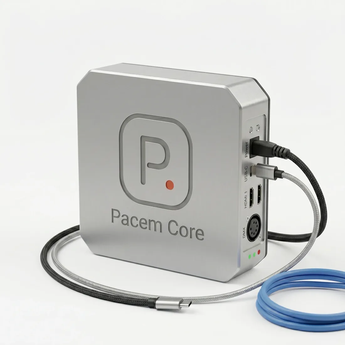 Pacem Core - a compact aluminum all-in-one unit with screen, sound, and lighting outputs built in.